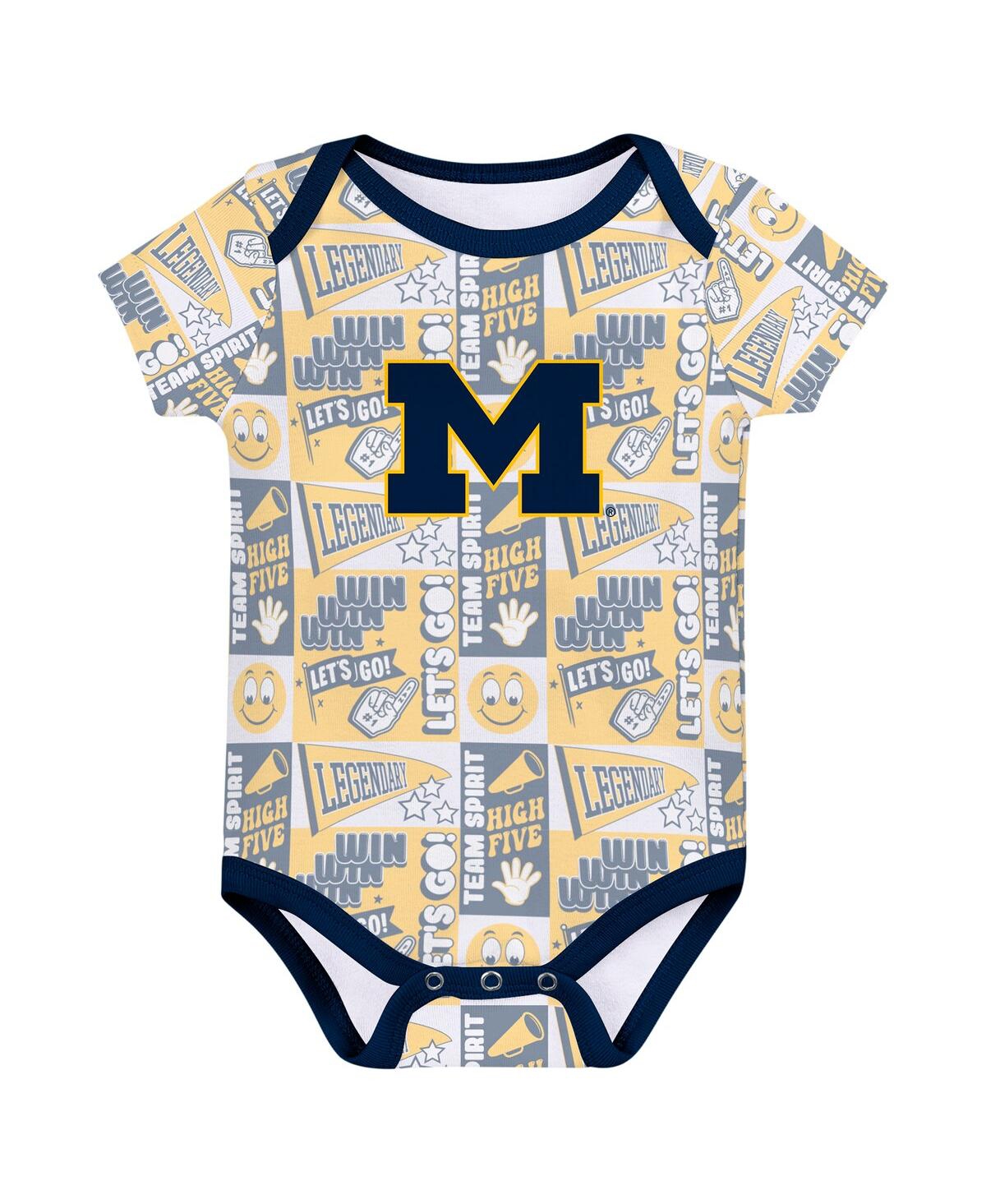 Outerstuff Newborn Navy Michigan Wolverines Sunday Comics 3-pack Bodysuit Set In Navy,yellow,white