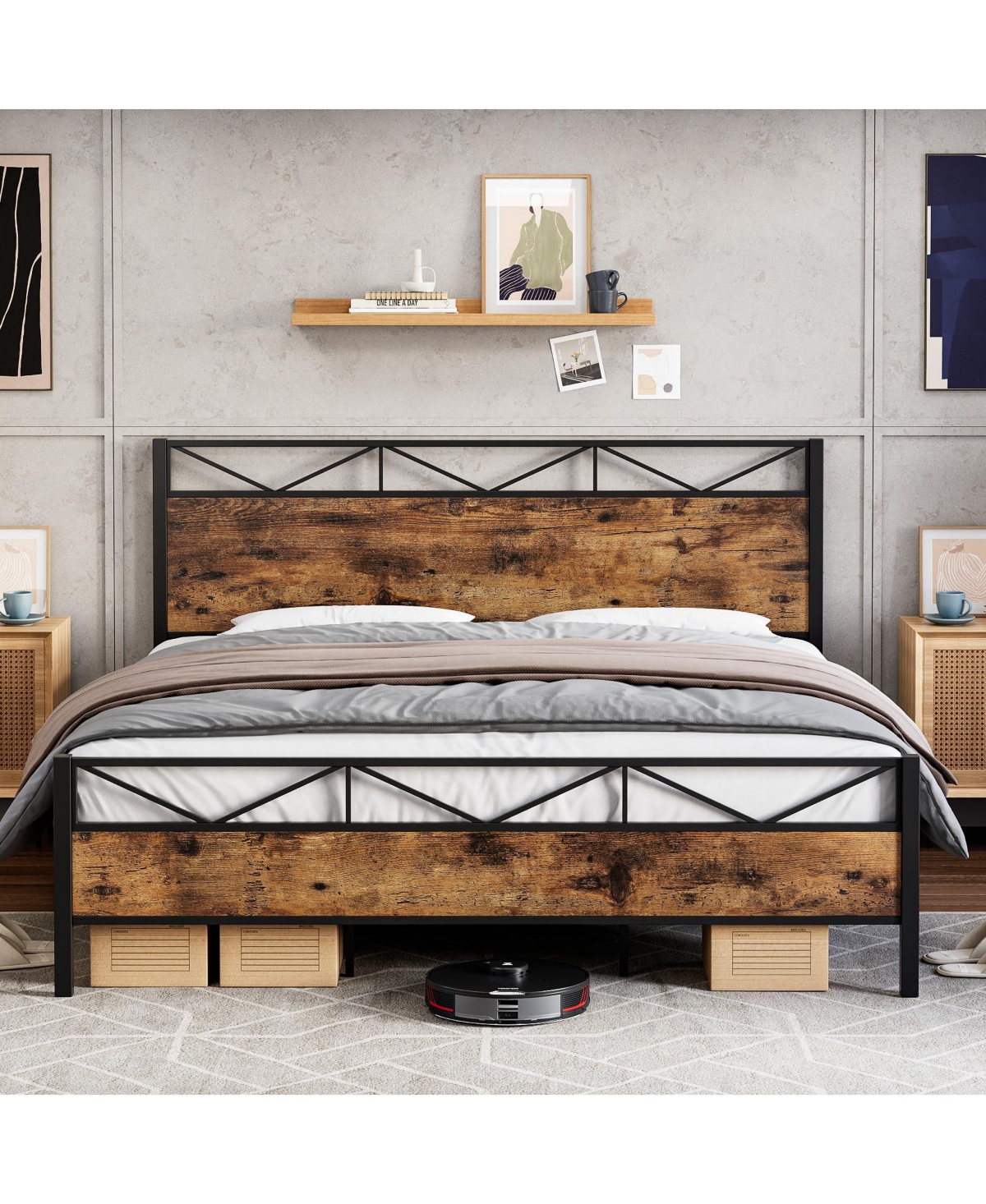 gaomon Bed Frame, Metal Platform Bed Frame with Rustic Wood Headboard