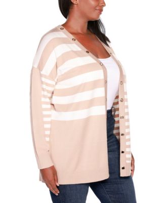 Plus Size Black Label Color Blocked Variegated-Stripe Cardigan Sweater