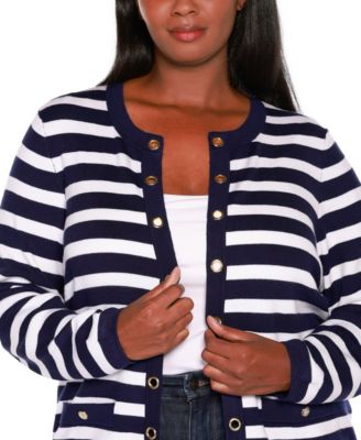 Plus Size Black Label Nautical Stripe Open-Front Cardigan Sweater