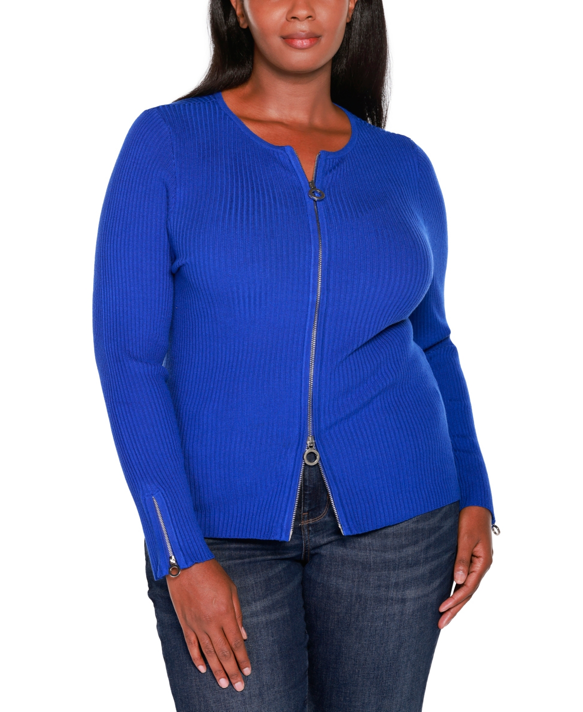 BELLDINI PLUS SIZE BLACK LABEL RIBBED DOUBLE-ZIP CARDIGAN SWEATER 