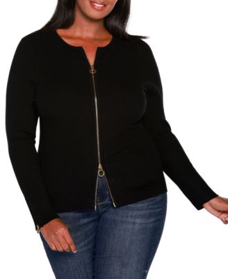 Plus Size Black Label Ribbed Double-Zip Cardigan Sweater