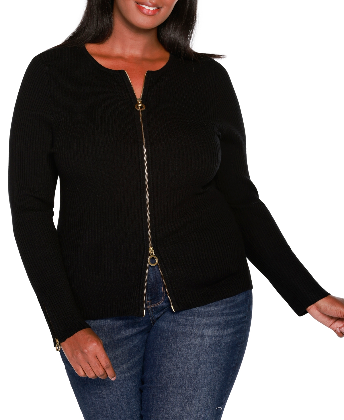 Shop Belldini Plus Size Black Label Ribbed Double-zip Cardigan Sweater In Black,gold
