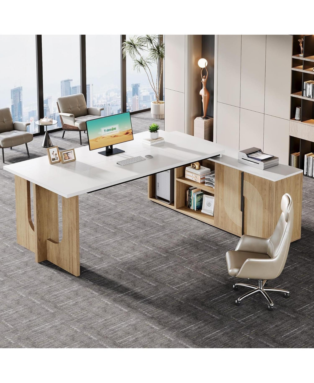 Tribesigns Executive Desk, Large Office Desk with Cabinet, L Shaped Computer Desk with Shelves and Cpu Storage, Modern Home Office Desk Business