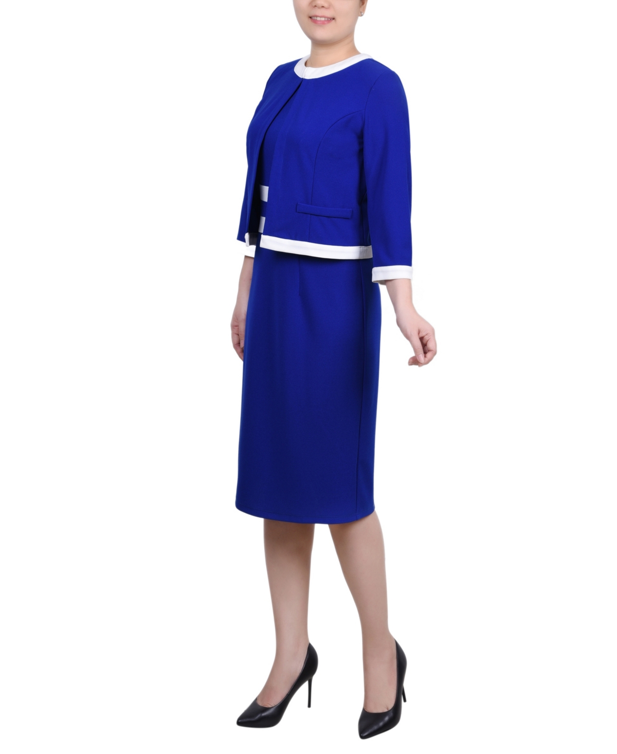 Ny Collection Women's Elbow Sleeve Colorblocked Dress, 2 Piece Set In Sapphire White
