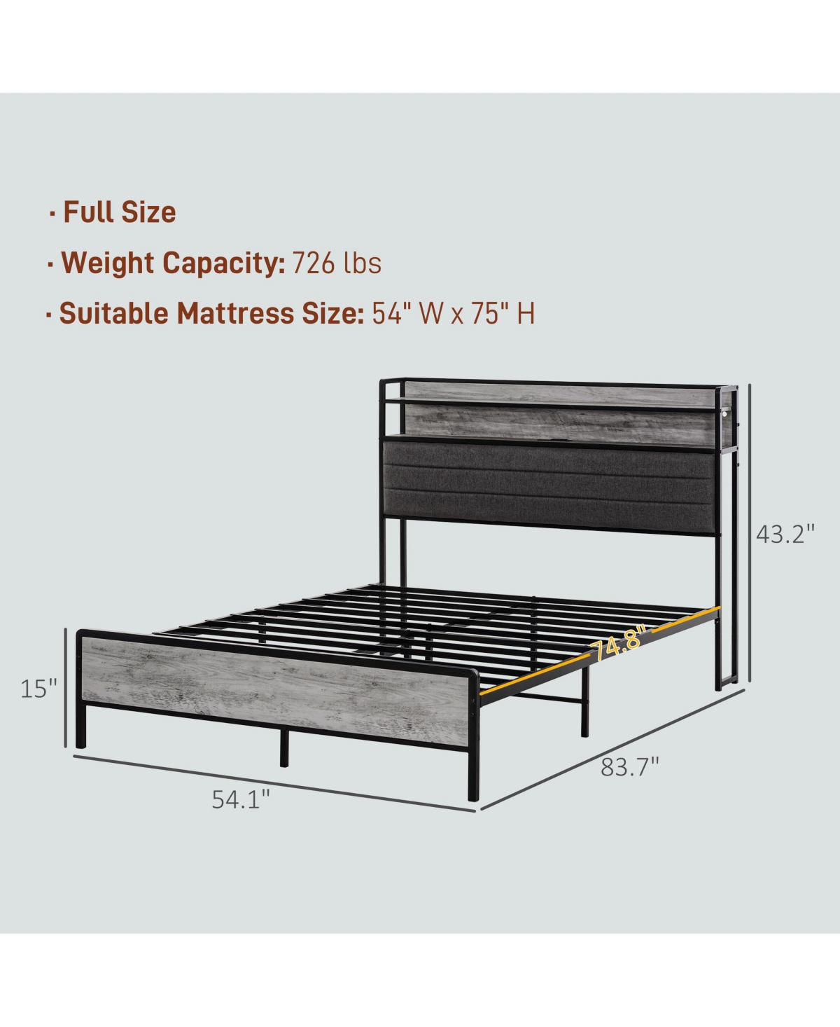 Homcom Led Size Bed Frame with Headboard Charging Station, Cement