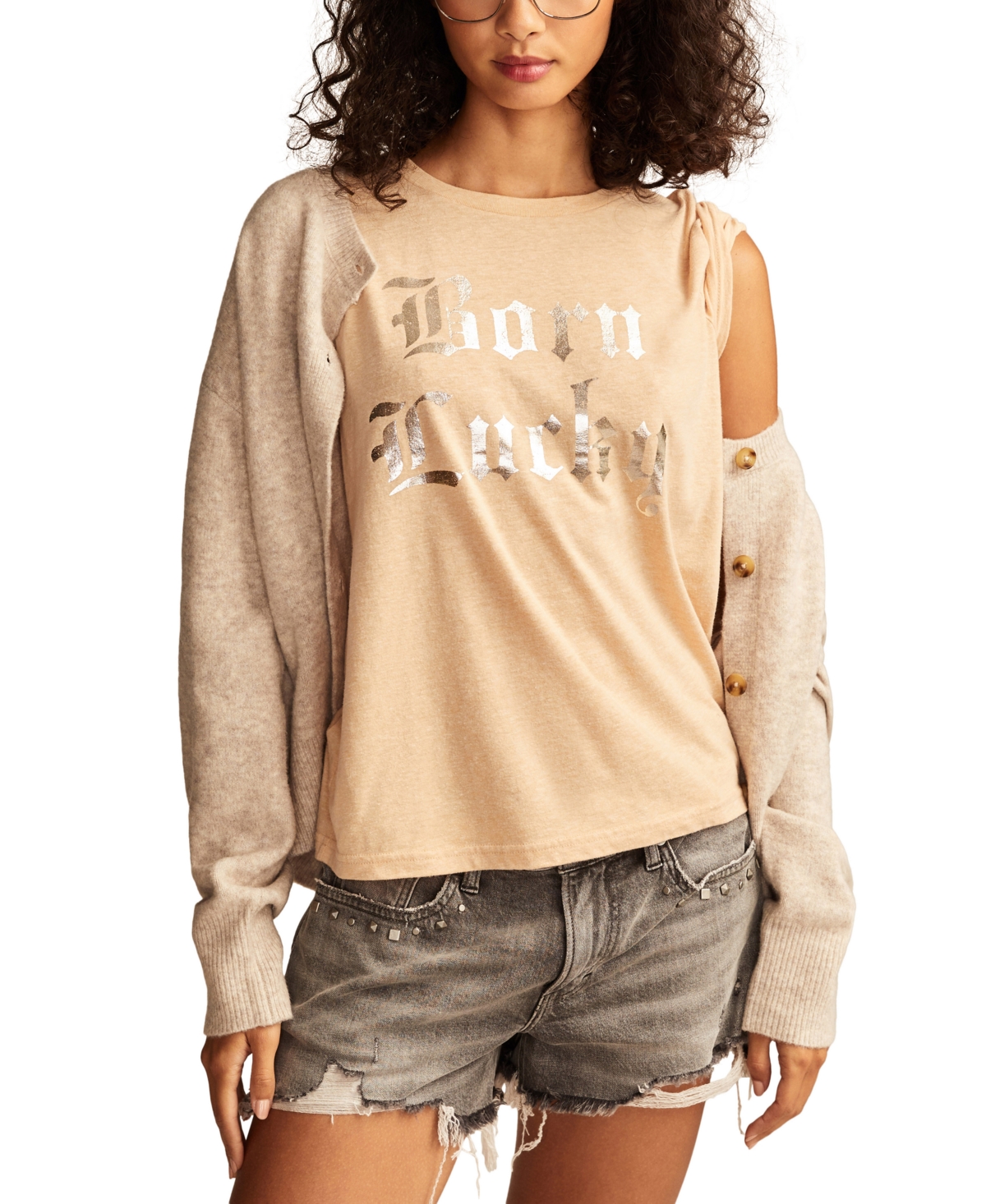 Women's Metallic Born Lucky Crewneck Tee - Sand