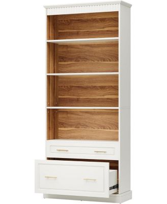 72" Wood 5-Shelf Bookcase with File Cabinet Drawer, Set of 2, Modern Free-Standing Bookshelf