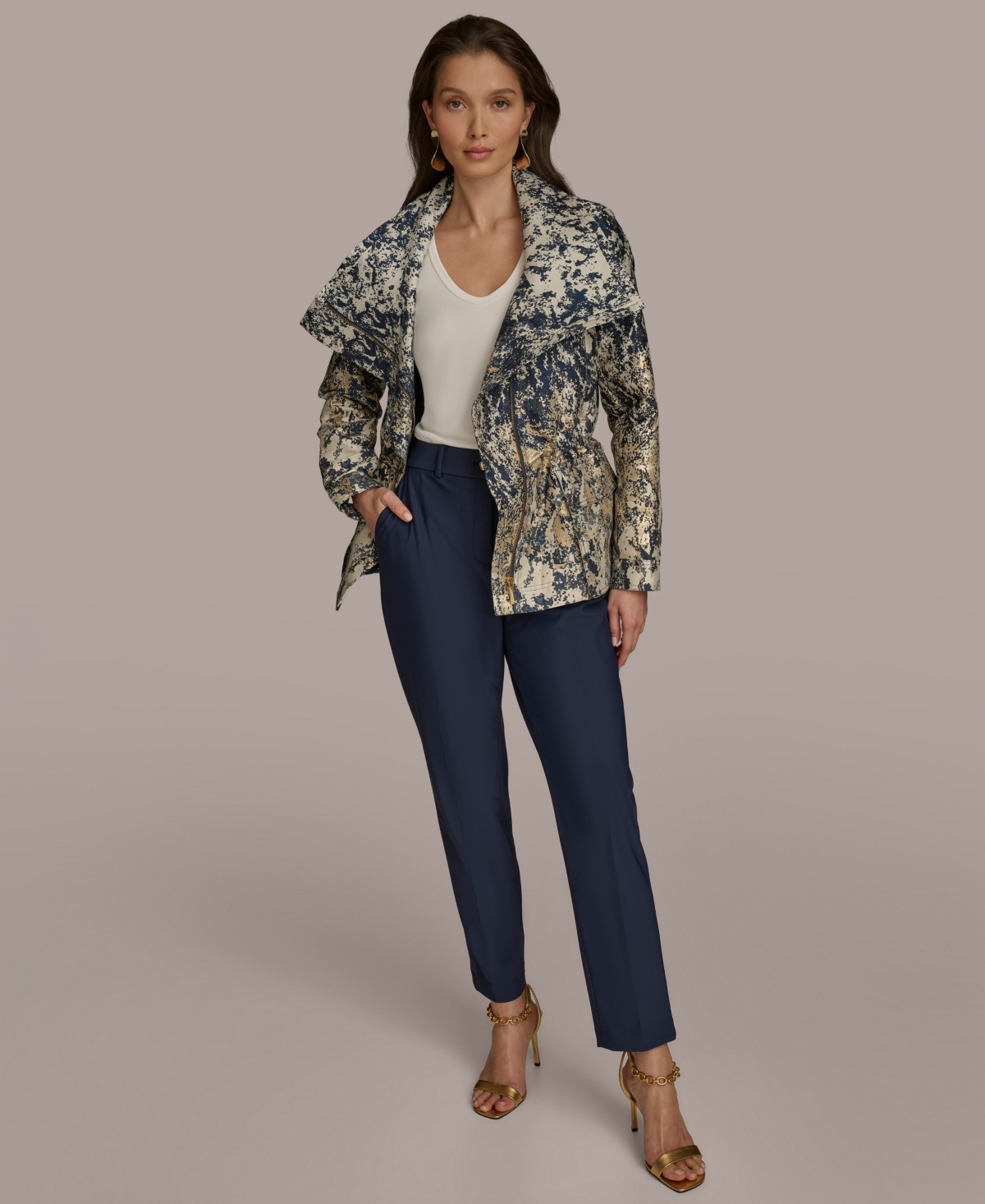 Donna Karan New York Women's Metallic Jacquard Zip-Front Jacket -Navy Blue/Pearl