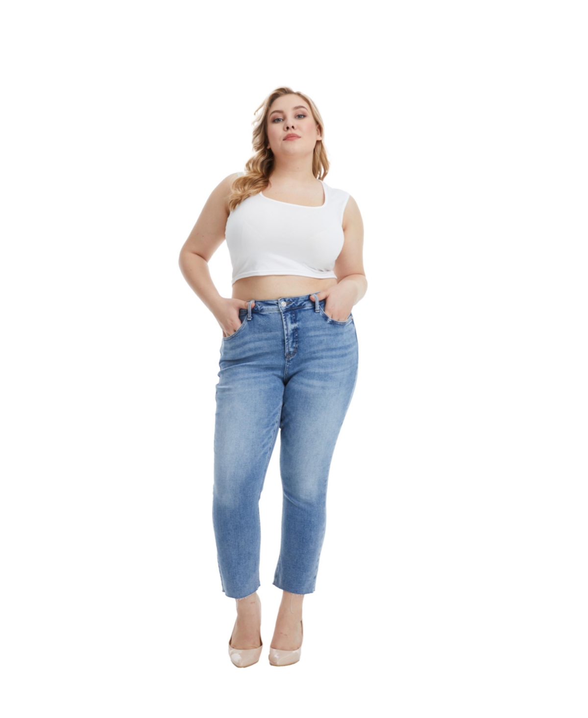 Bayeas Plus Size Mid Rise Skinny Jeans Ankle Raw Hem