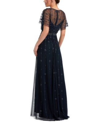 Women's V Neck Embellished Flutter Sleeve A Line Gown