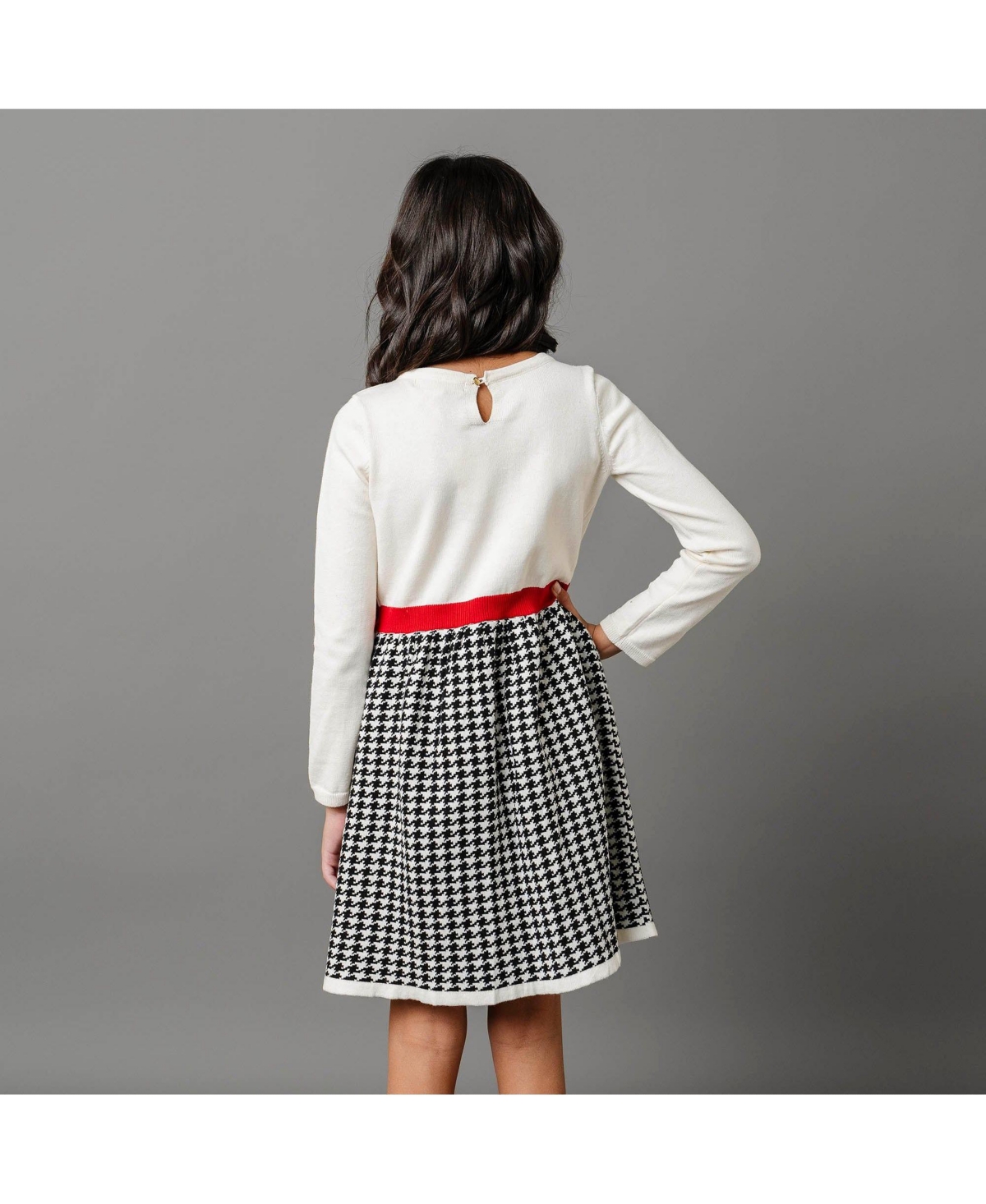 Hope & Henry Toddler Girls Organic Long Sleeve Skater Sweater Dress with Bow - Ivory and black houndstooth
