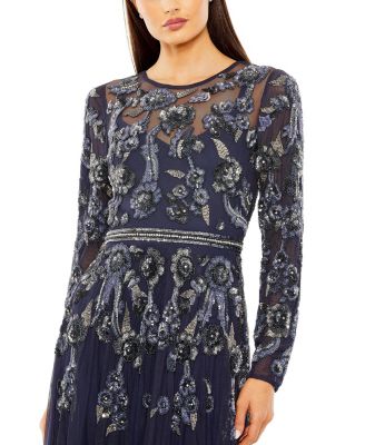 Women's Long Sleeve High Neck Floral Beaded A-line Mesh Gown