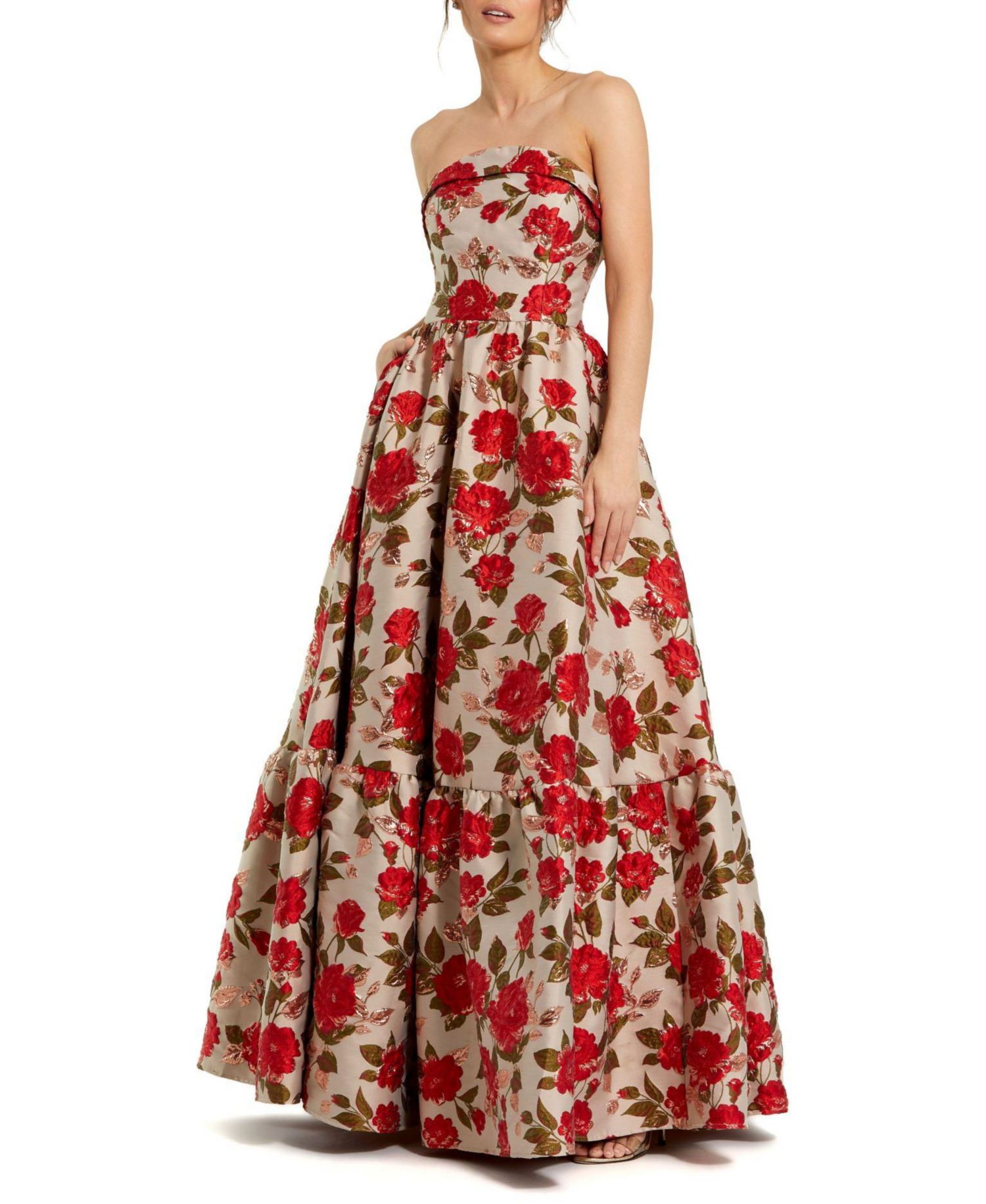 Women's Brocade Strapless Floral Gown With Ruffle Hem
