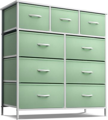 9 Drawers Dresser - Furniture Storage for Bedroom, Closet, Office Organization - Steel Frame, Wood Top, Fabric Bins