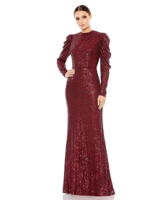 Mac Duggal Women's Sequined High Neck Puff Long Sleeve Column Gown - Macy's