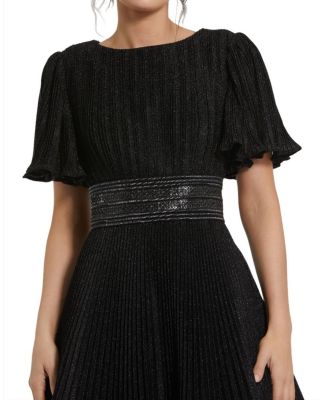 Women's Pleated Shimmering Georgette Flutter Sleeve Gown