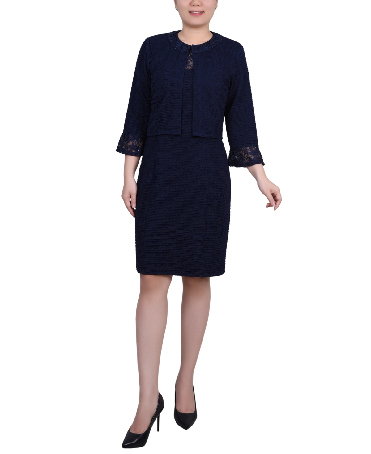 Shop Ny Collection Petite Two Piece Novelty Knit And Lace Dress Set In Navy