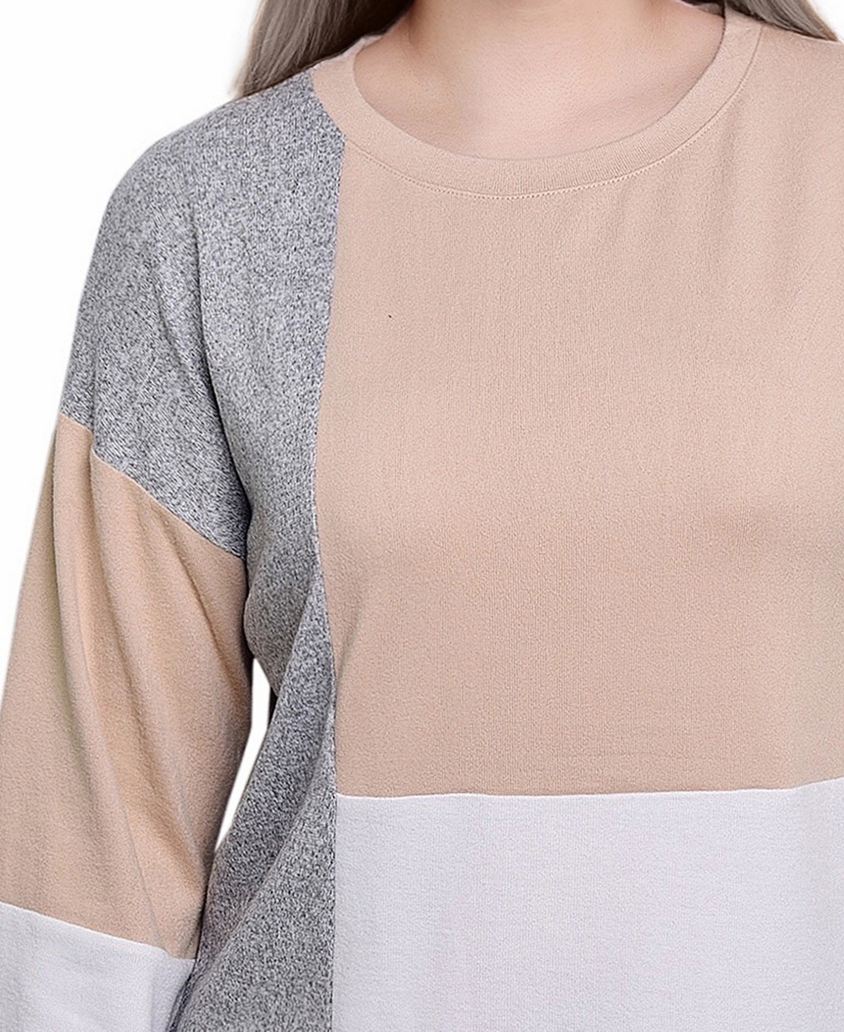 Ny Collection Petite Long Sleeve Colorblocked Boat Neck Top In Tan Ivory Grey