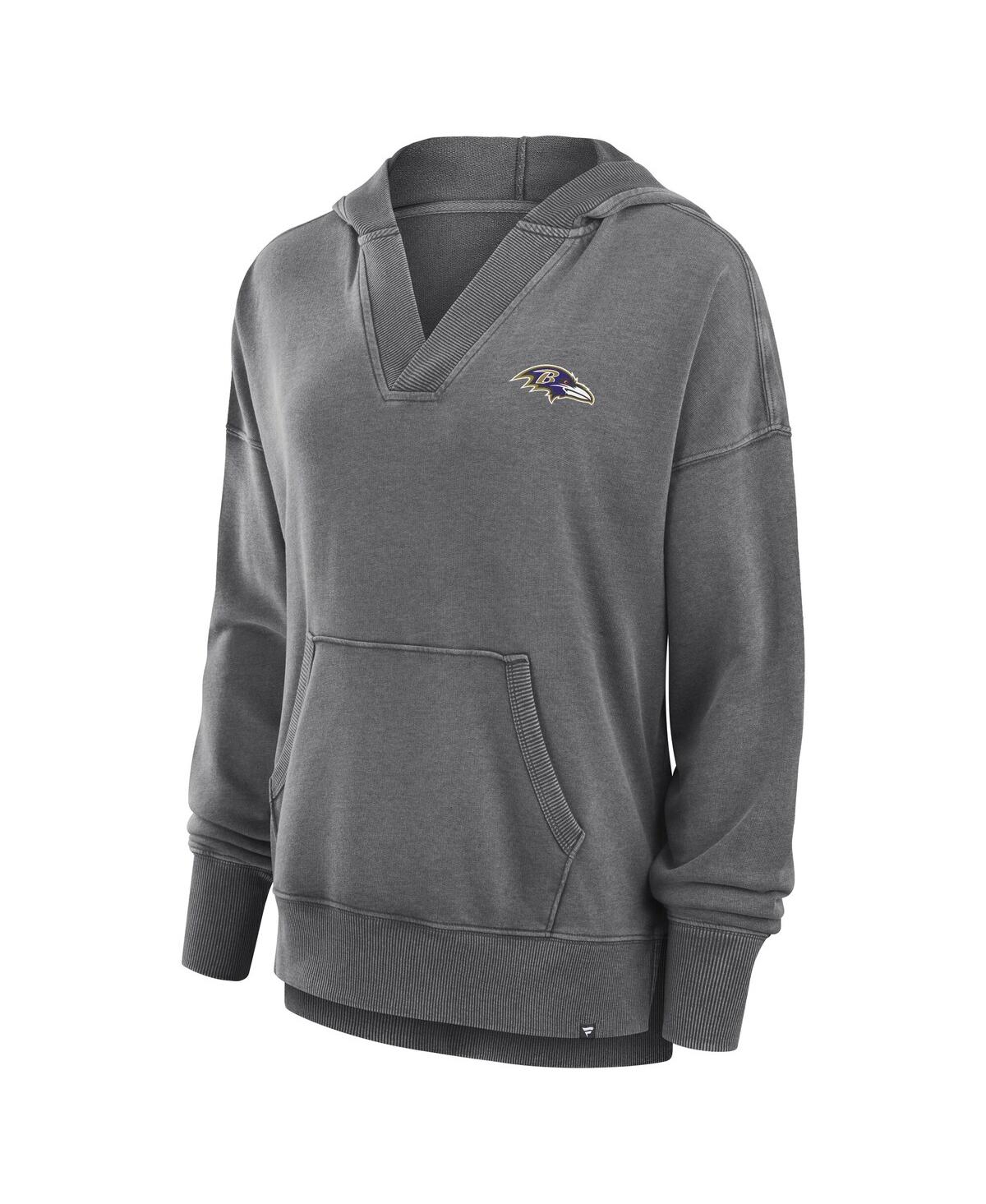 Fanatics Women's Heather Charcoal Baltimore Ravens Initiative Snow Wash French Terry V-neck Pullover Hoodie In Heather Charcoal
