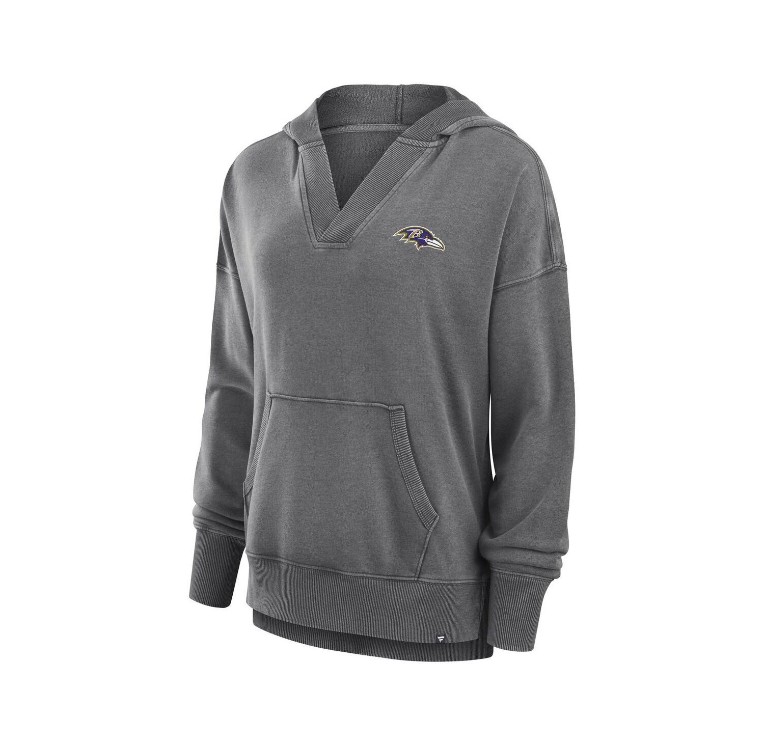 Women's Heather Charcoal Baltimore Ravens Initiative Snow Wash French Terry V-Neck Pullover Hoodie