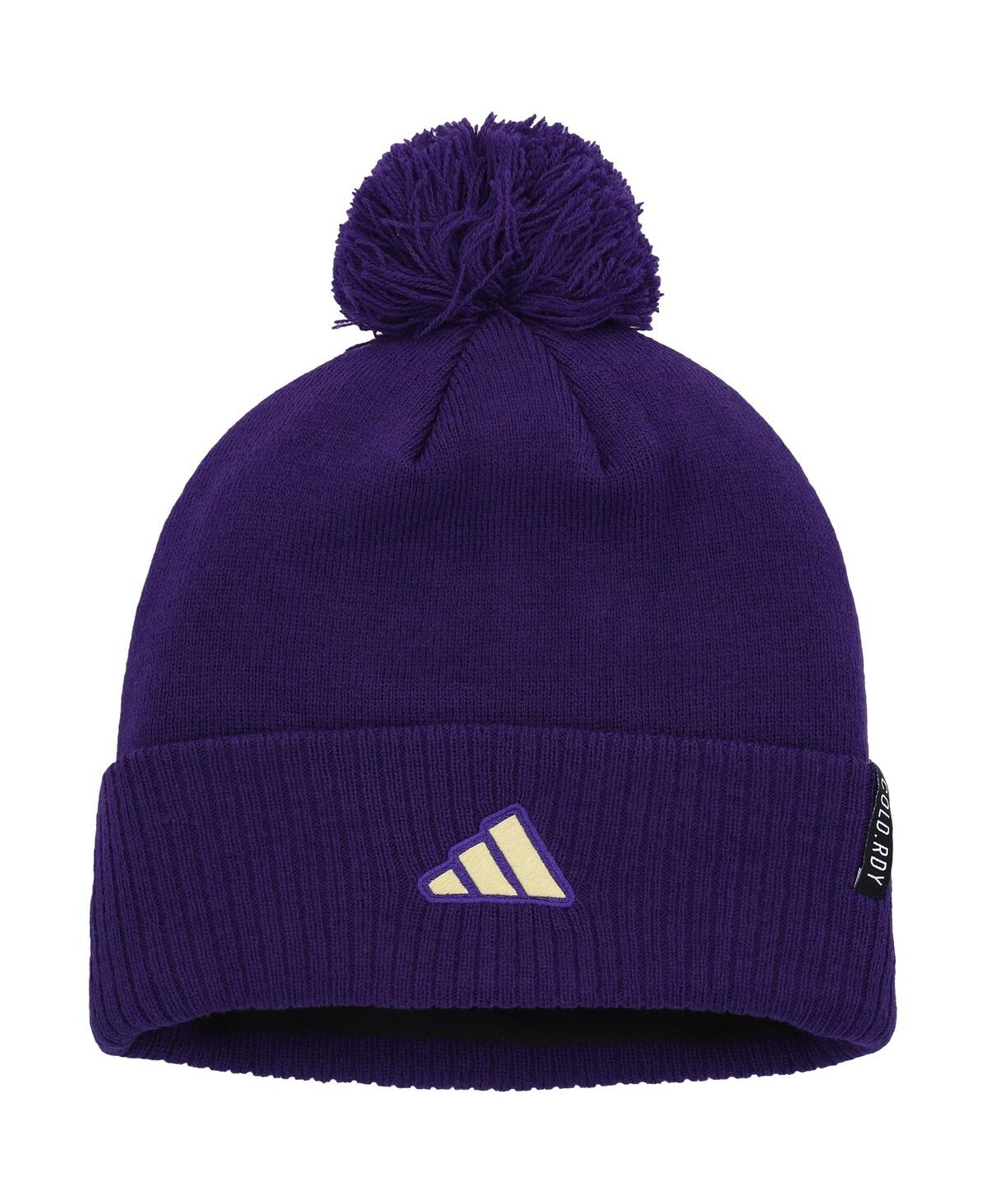 Adidas Men'sWashington Huskies 2023 Sideline Cold.rdy Cuffed Knit Hat with Pom - Purple
