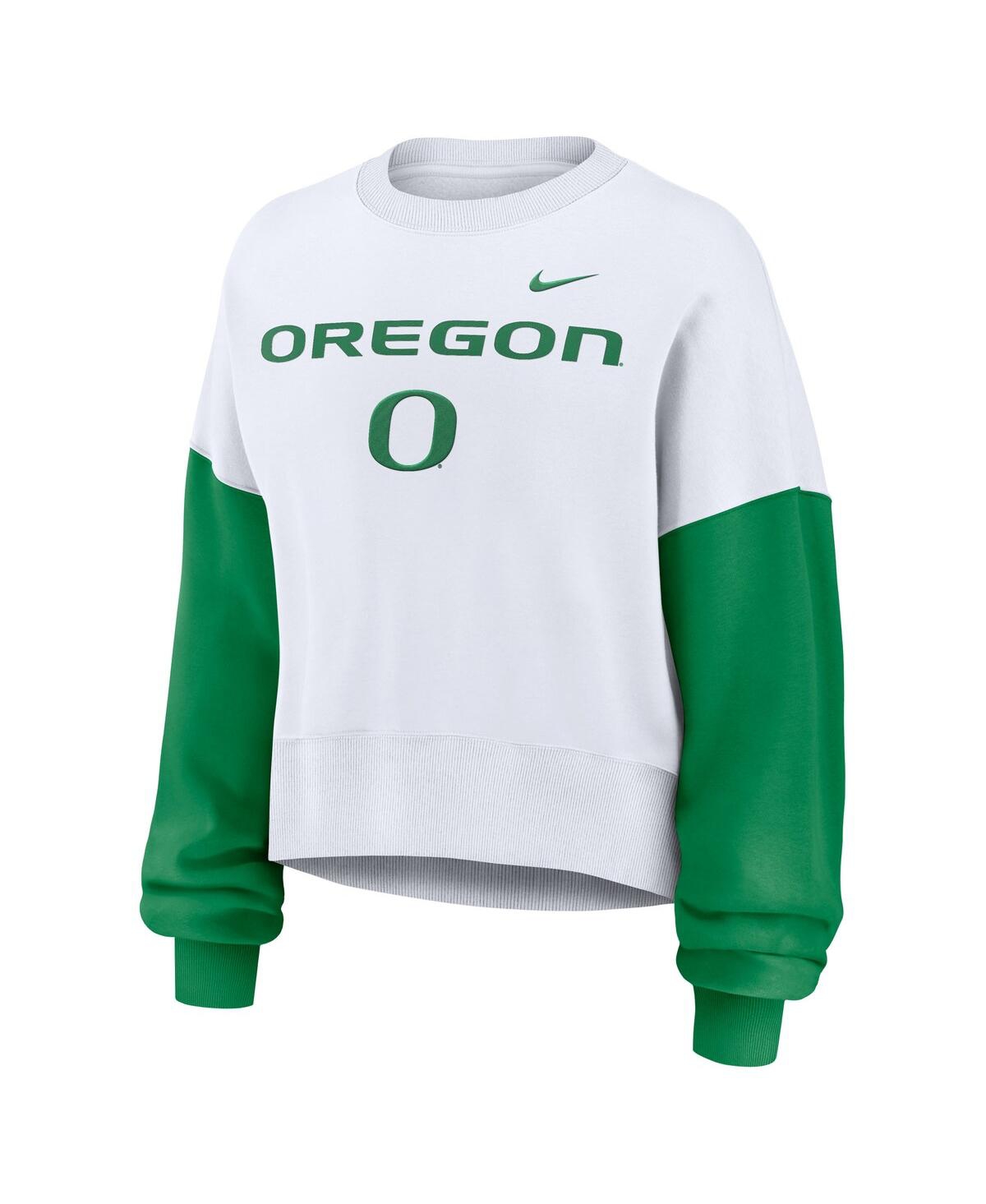 FANATICS NIKE WOMEN'S WHITE OREGON DUCKS COLORBLOCK FLEECE OVERSIZED COPPED PULLOVER SWEATSHIRT 