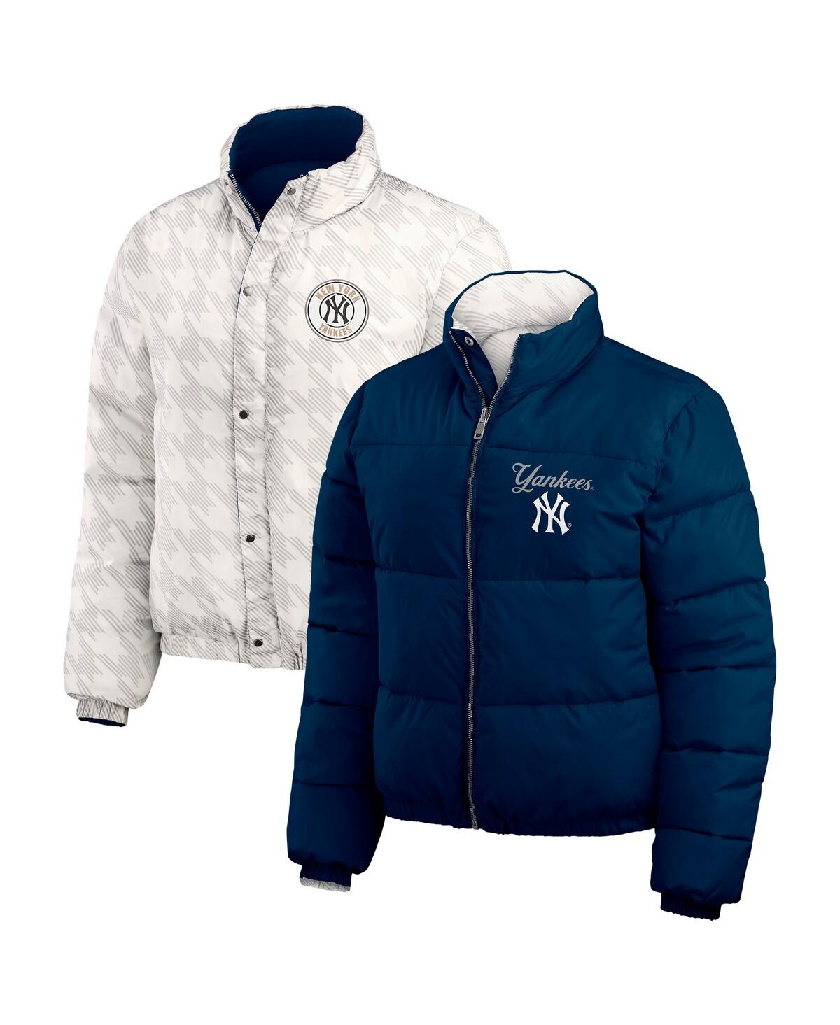 Women's Navy/White New York Yankees Reversible Cropped Full-Zip Puffer Jacket - Navy, White
