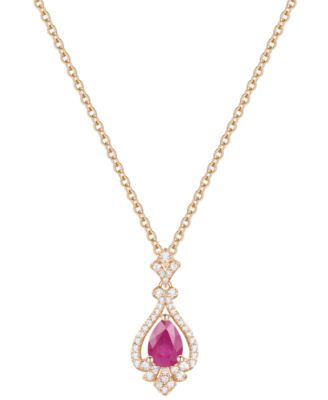 Macy's - Emerald (5/8 ct. t.w.) & Diamond (1/5 ct. t.w.) Pear Halo 18" Pendant Necklace in 14k Gold (Also in Ruby & Sapphire)