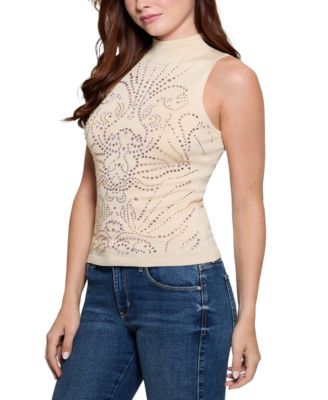 GUESS - Women's Calista Rhinestone Sleeveless Knit Sweater Top