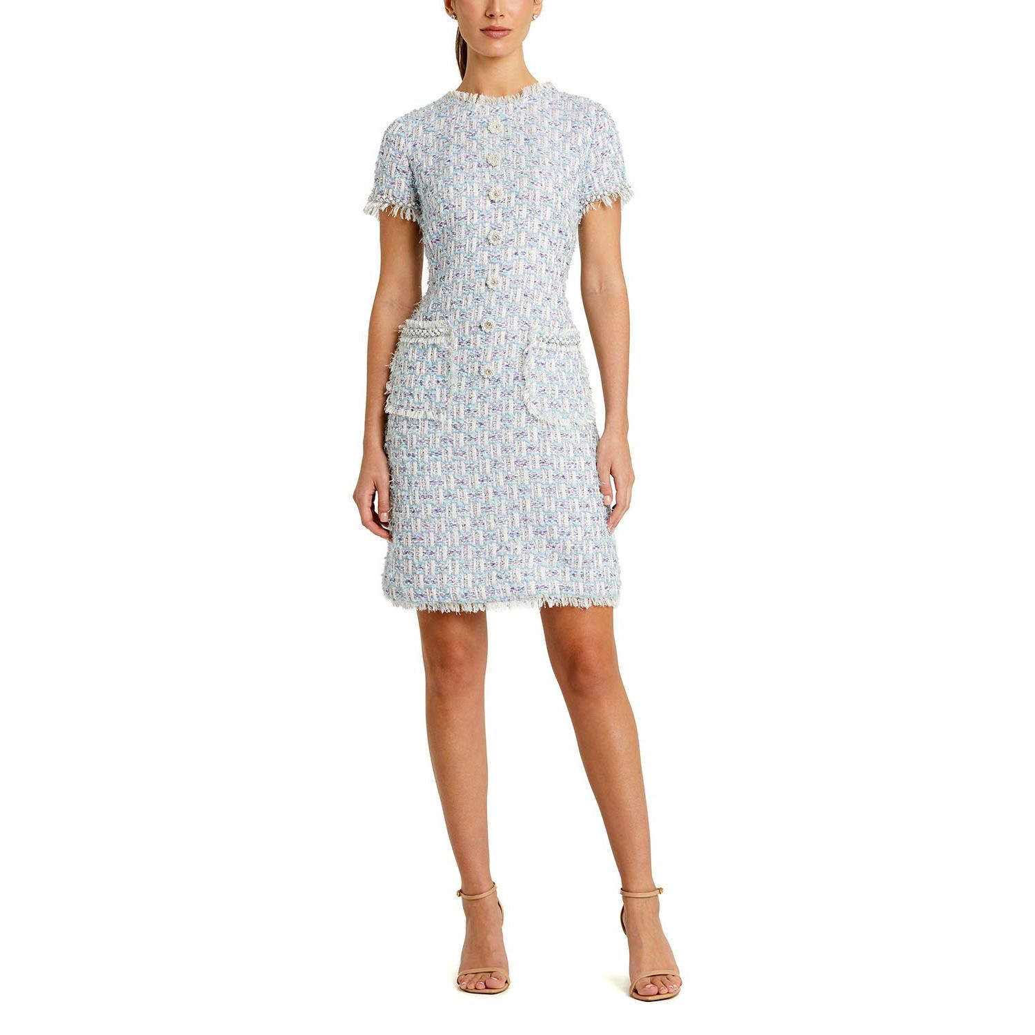 Women's Floral Buttons and Pearl Detailing Boucle Shift Dress