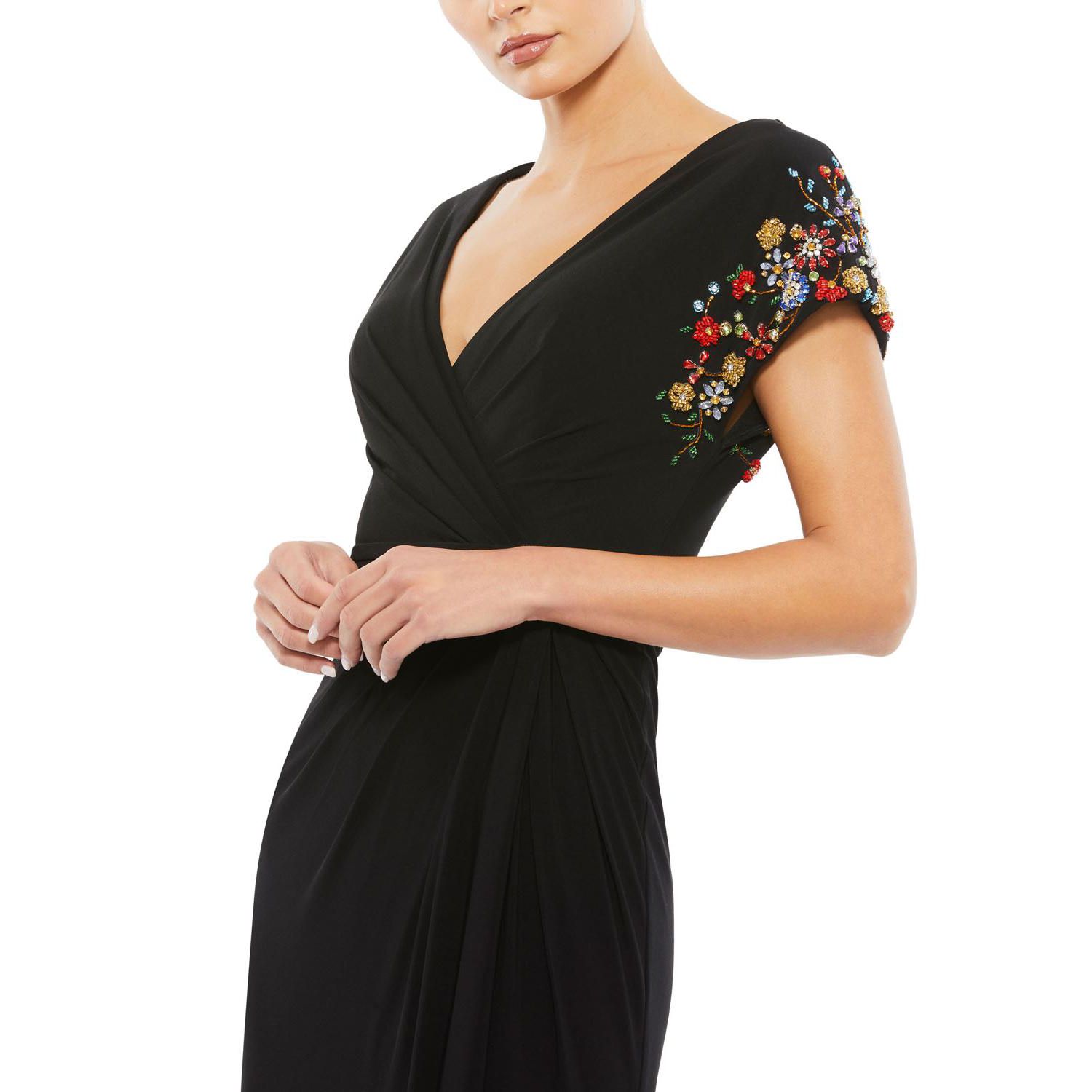 Women's Embellished Sleeve Jersey Wrap Gown