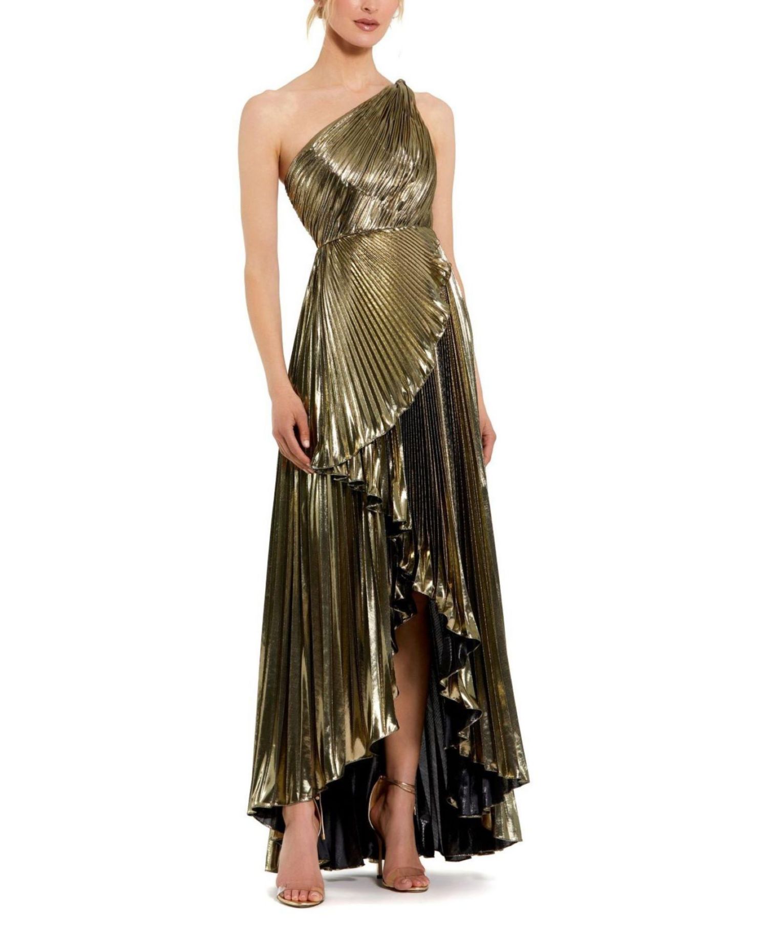 Women's Pleated Metallic One Shoulder High Low Gown