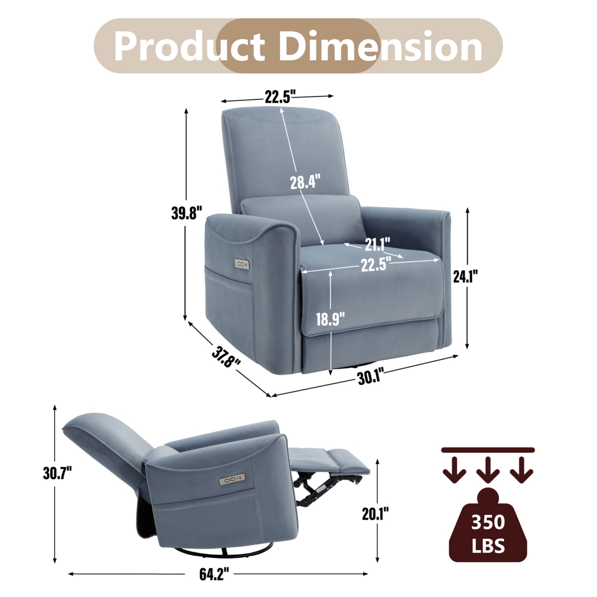 Boyel Living Swivel and Rocker Power Recliner Chair Heavy Duty Motion Mechanism with Usb and Type-c Ports