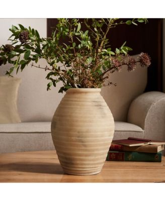 Rustic Terracotta Vase with Ribbed Texture, 15'' Tall Brown Accent for Shelves & Tabletops