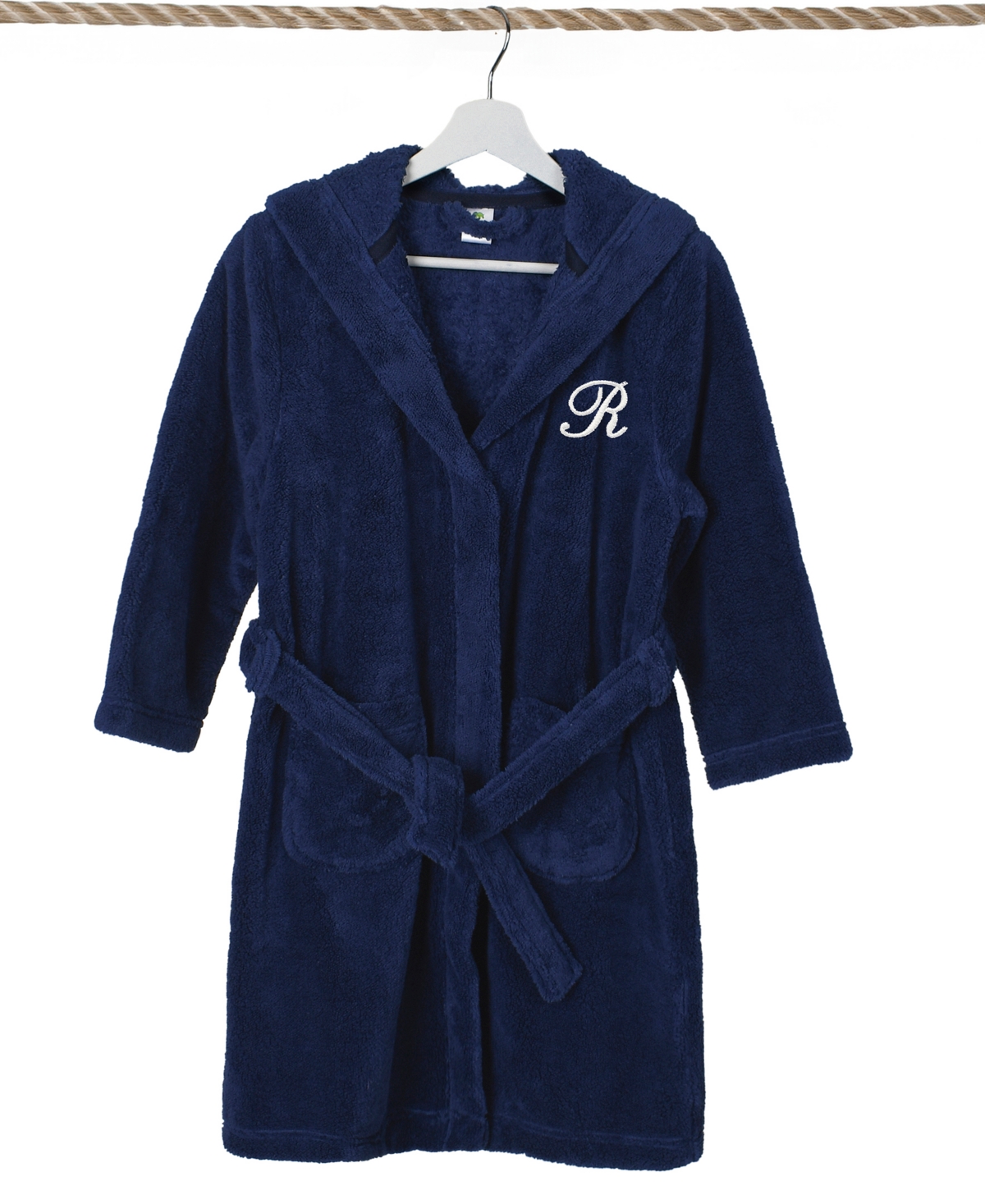 Linum Home Personalized Kids Super Plush Hooded Bathrobe In R Navy,white