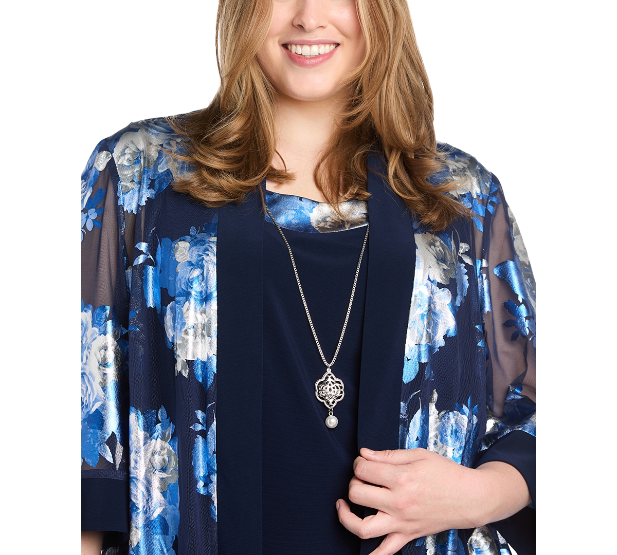 R & M Richards Plus Size Floral Foil Jacket Necklace Dress