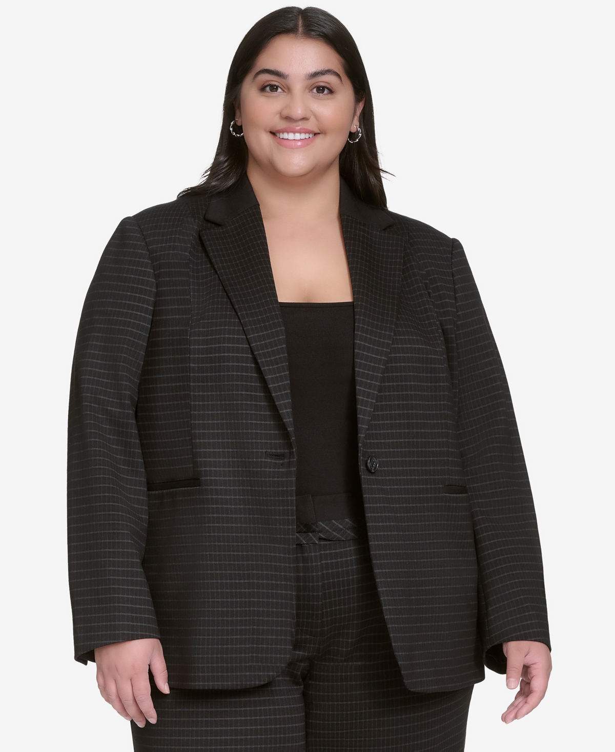 Plus Size Ponte One-Button Blazer - Black/ Icy Chip Grey Combo Black