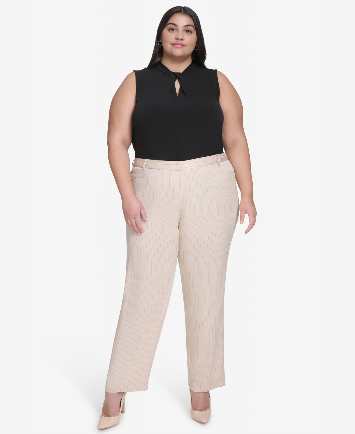 Dkny Plus Size Pinstriped Modern-fit Bootcut Pants In Chino Khaki,black