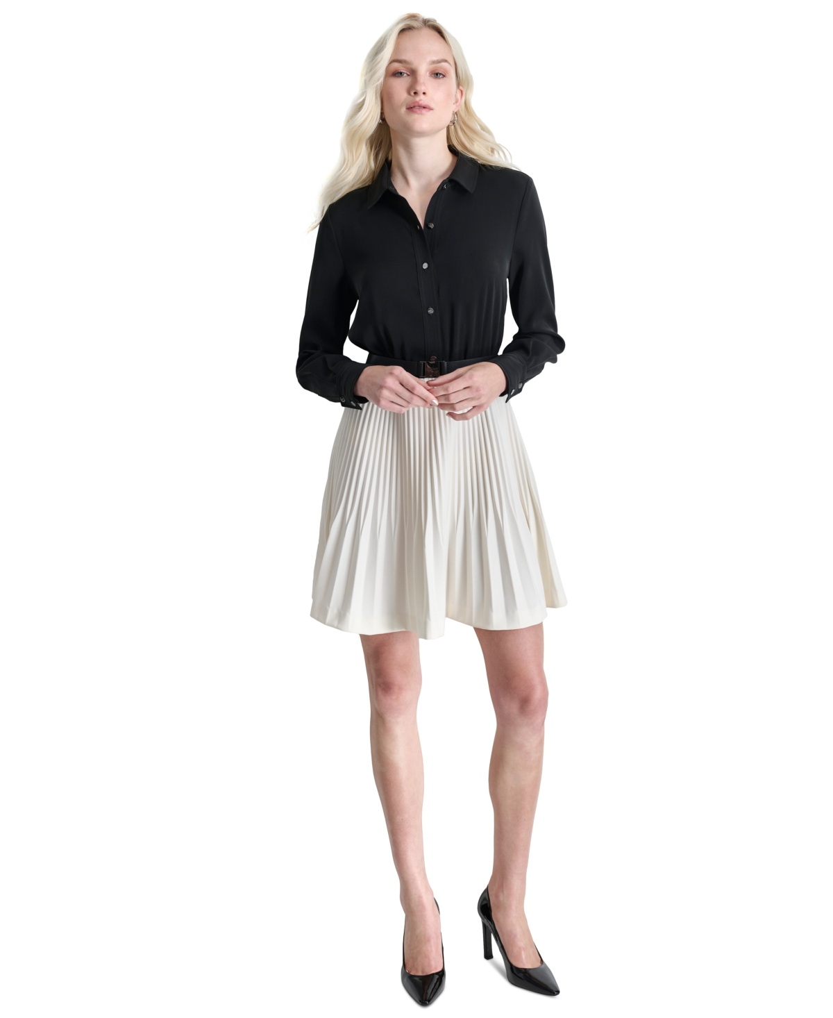 DKNY WOMEN'S COLORBLOCKED LONG-SLEEVE BELTED MINI DRESS 