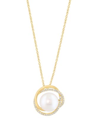EFFY&reg; Cultured Freshwater Pearl (10mm) & Diamond (1/6 ct. t.w.) Interlocking Circle 18" Pendant Necklace in 14k Gold