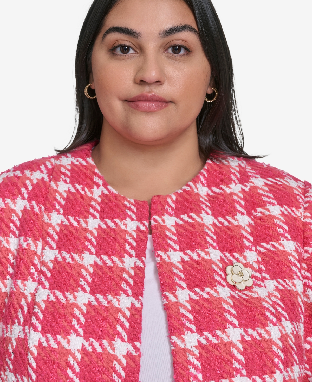 Karl Lagerfeld Plus Size Open Tweed Short Jacket, Exclusively At Macy's In Tea Berry Sunset Coral