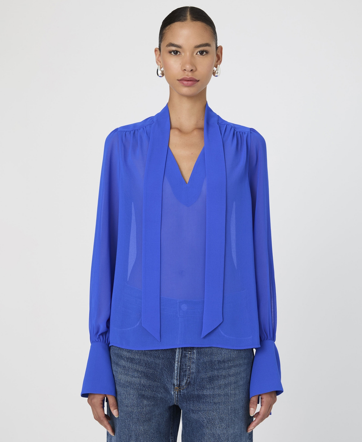 Women's Sheer Eden Long Sleeve Tie Neck Blouse - Chroma Blue