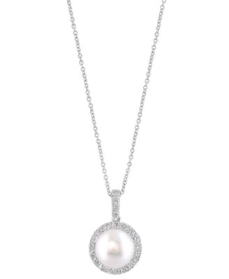 EFFY&reg; Cultured Freshwater Pearl (10mm) & Diamond (5/8 ct. t.w.) Halo 18" Pendant Necklace in 14k White Gold
