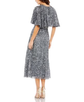 Women's Embellished Cape High Neck Midi Dress