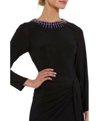 Women's Long Sleeve Jersey Ruched Gown With Beaded Neck