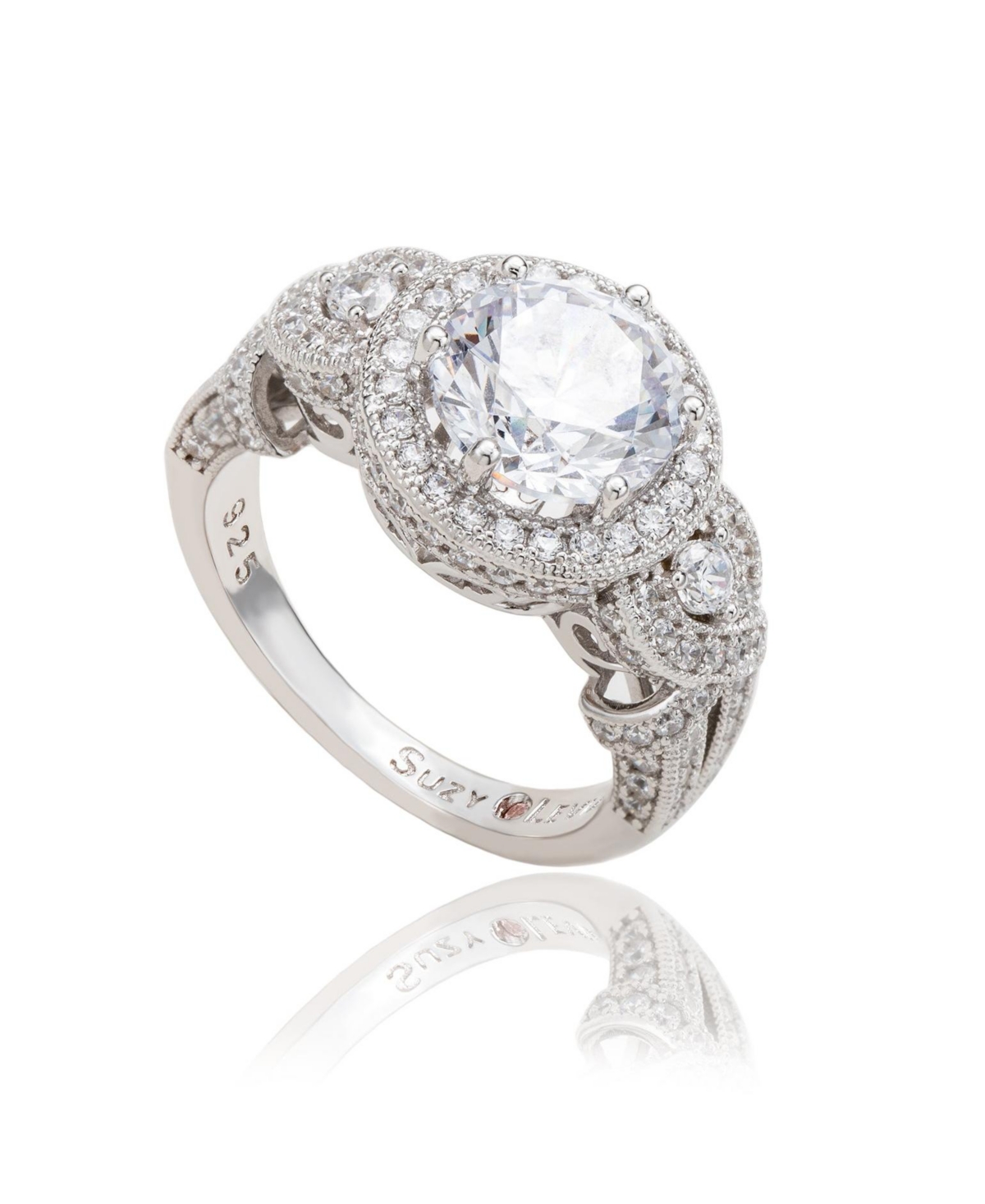 Suzy Levian Sterling Silver Round Cubic Zirconia French Filigree Ring - Blue