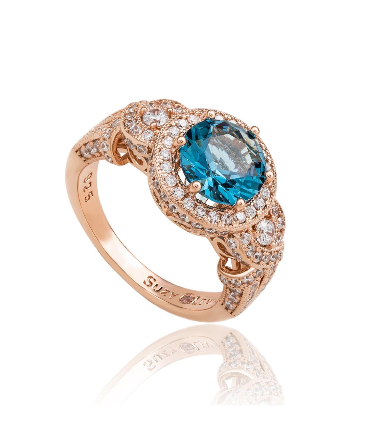 Suzy Levian Sterling Silver Round Cubic Zirconia French Filigree Ring - Blue