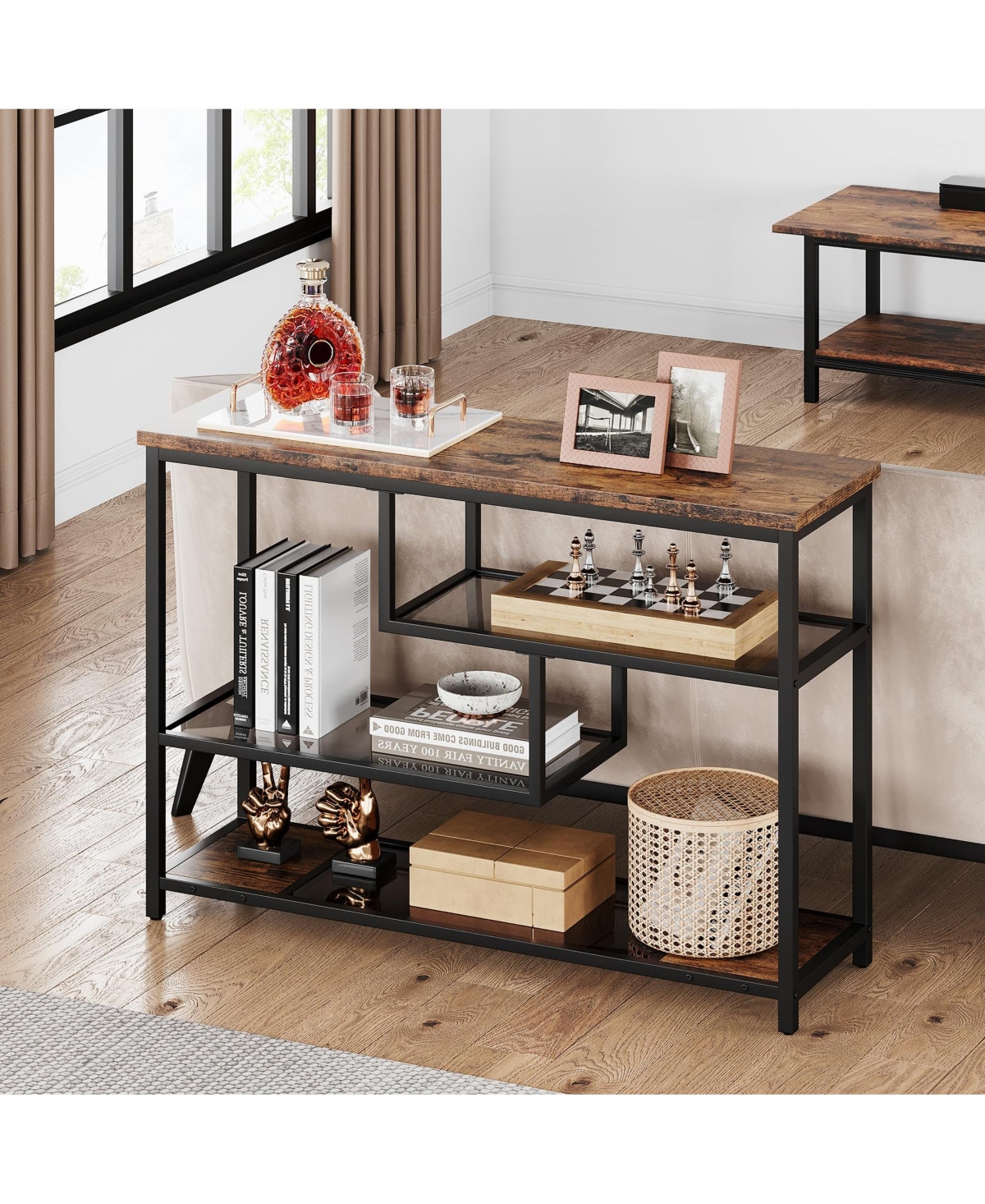 gaomon Console Table, 4-Tier Sofa Tables Narrow Entryway Table with Glass Shelf and Metal Frame