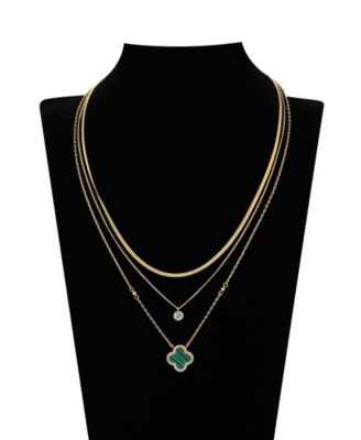 Malachite Clover and Cubic Zirconia Bezel Layered Necklace Set